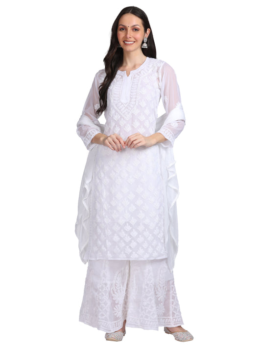 Chikankari Ombre Dyed Kurta,Sharara,Dupatta On Chiffon Fabric With Inner