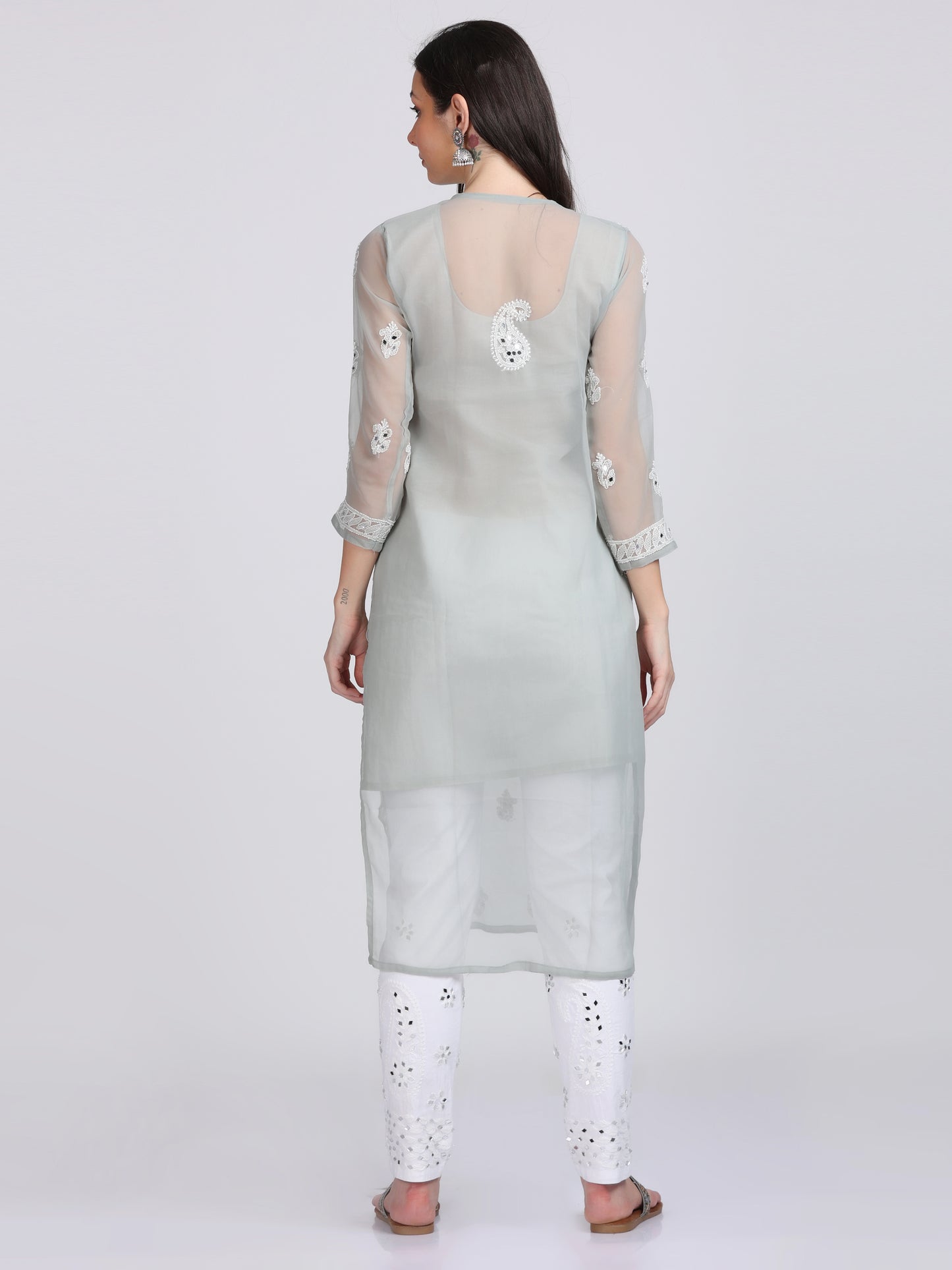 Mirror Work On Chikankari Chiffon Straight Kurta With Matching Inner