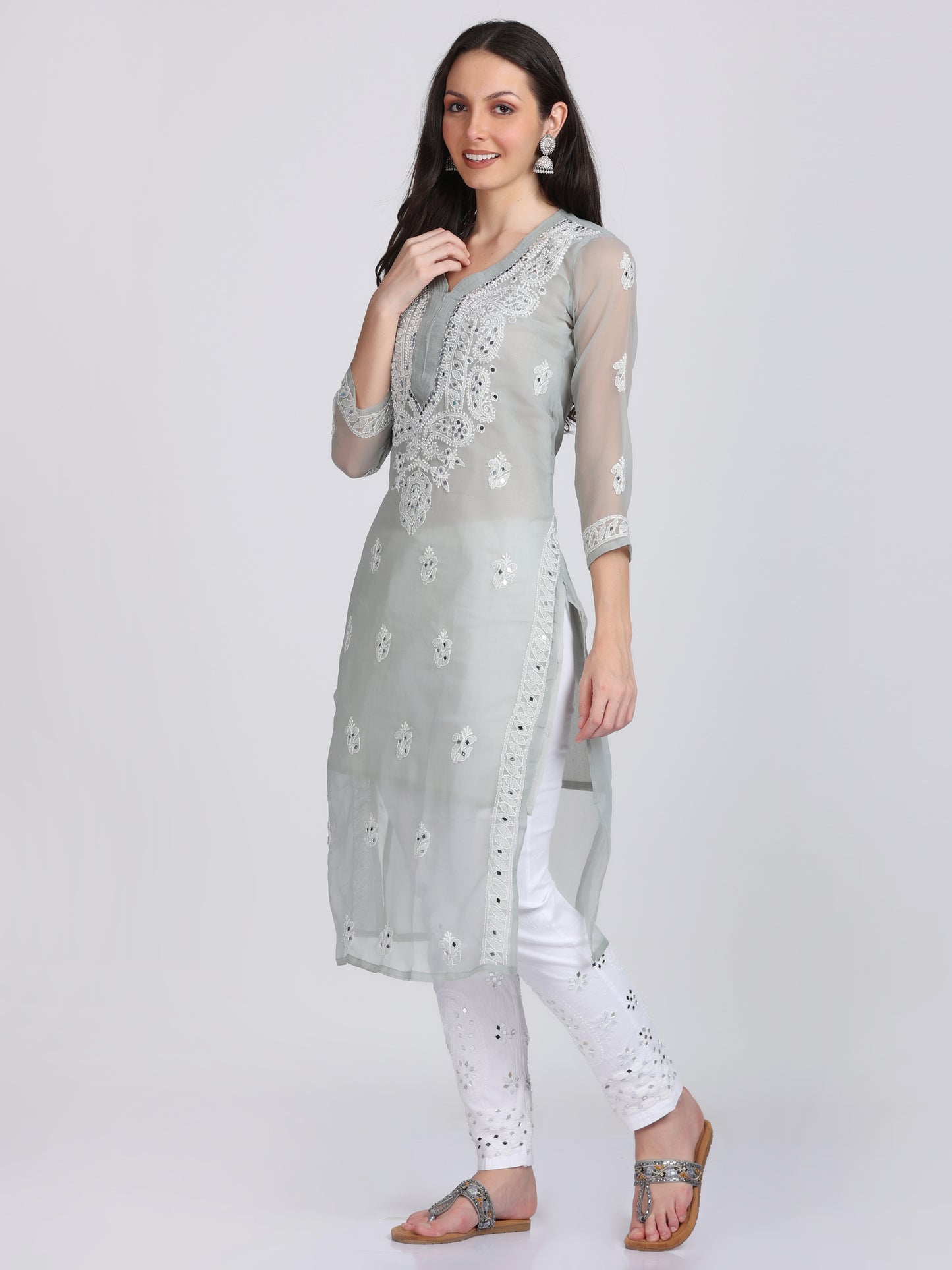 Mirror Work On Chikankari Chiffon Straight Kurta With Matching Inner