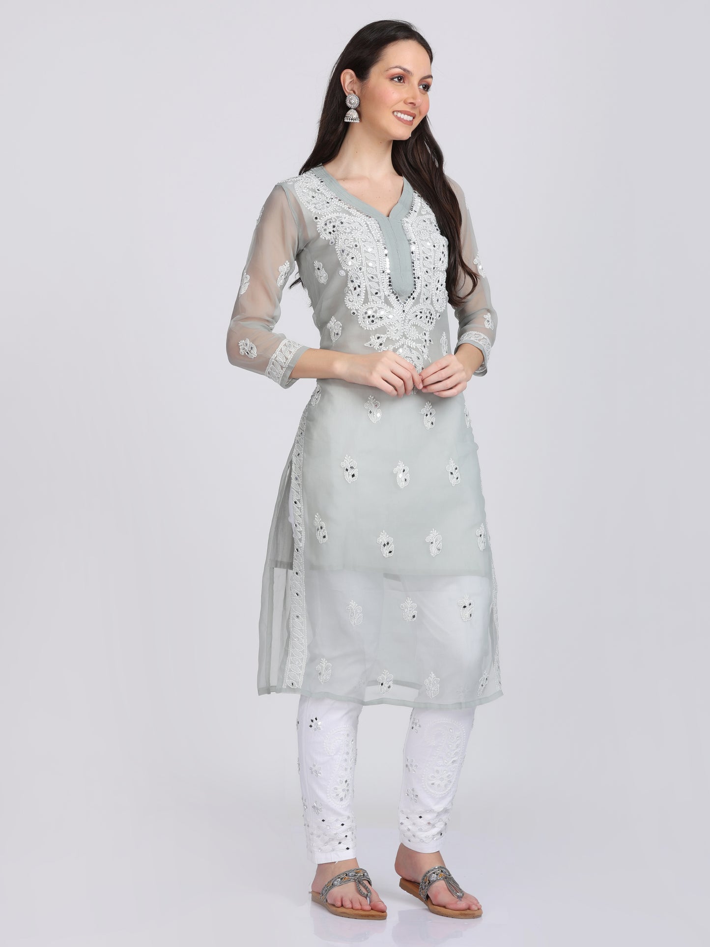 Mirror Work On Chikankari Chiffon Straight Kurta With Matching Inner