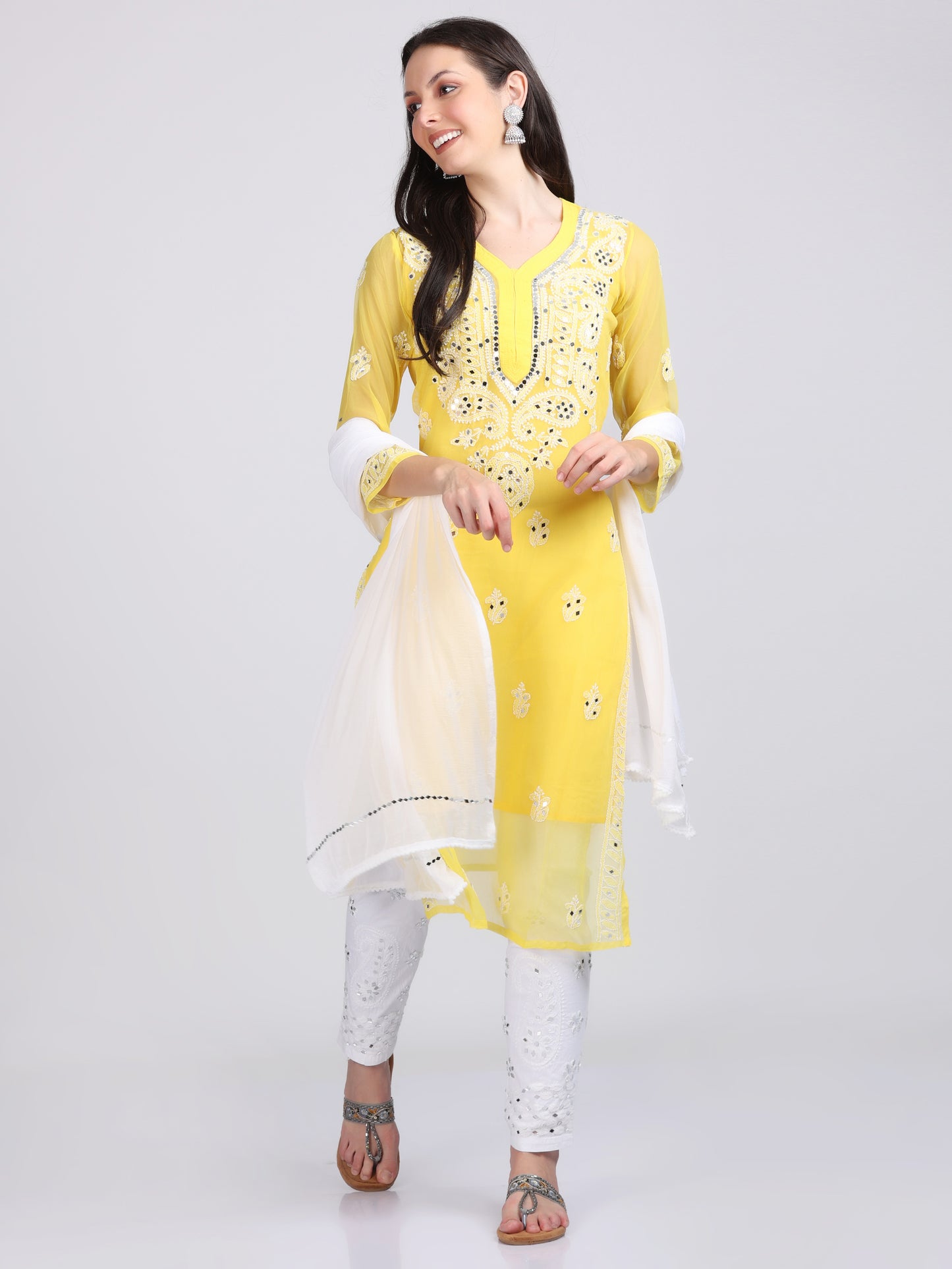 Mirror Work On Chikankari Chiffon Straight Kurta With Matching Inner