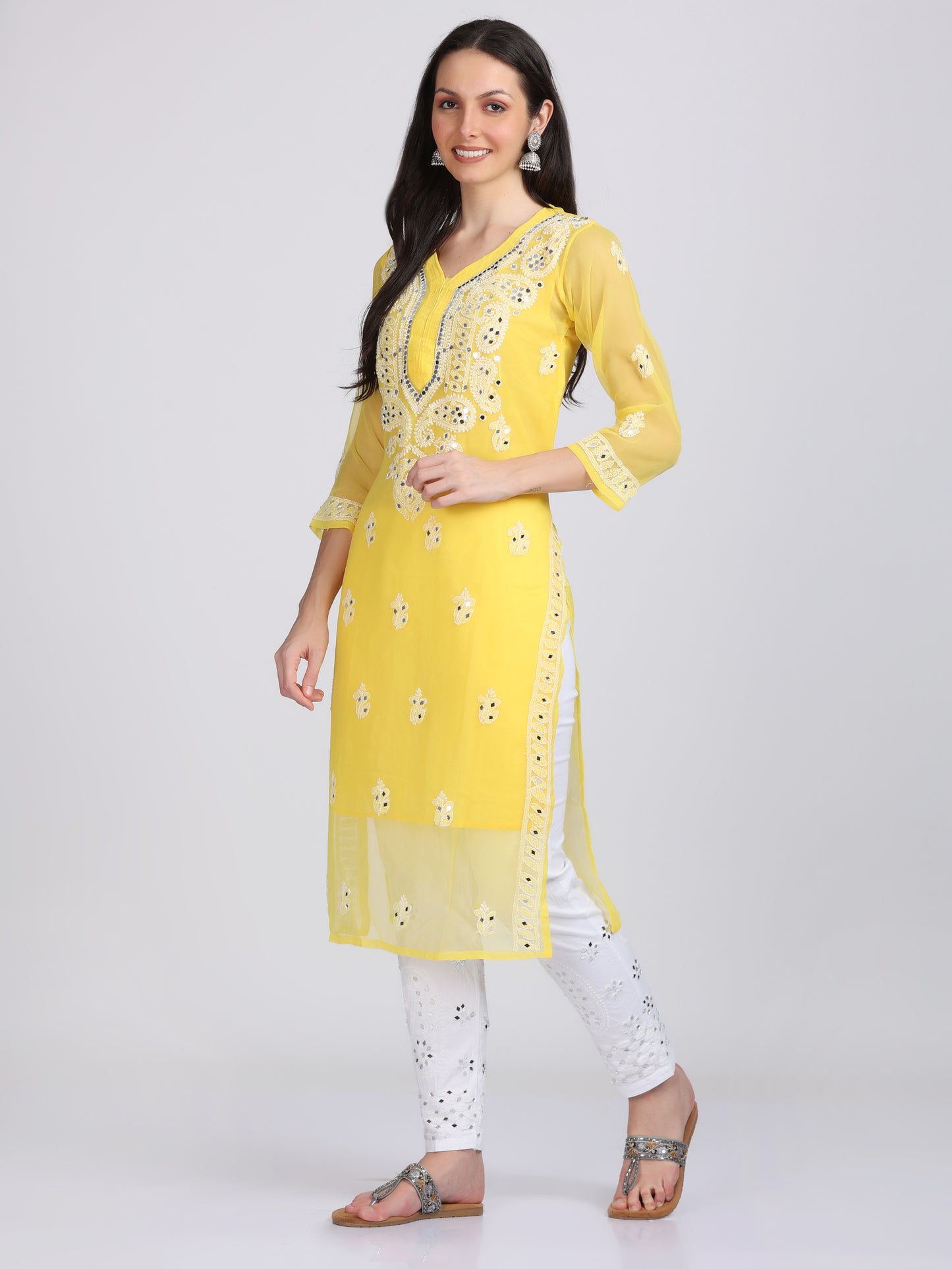 Mirror Work On Chikankari Chiffon Straight Kurta With Matching Inner