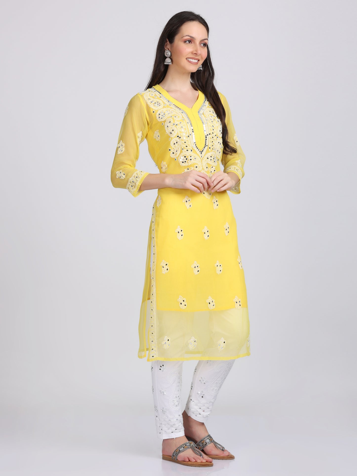 Mirror Work On Chikankari Chiffon Straight Kurta With Matching Inner