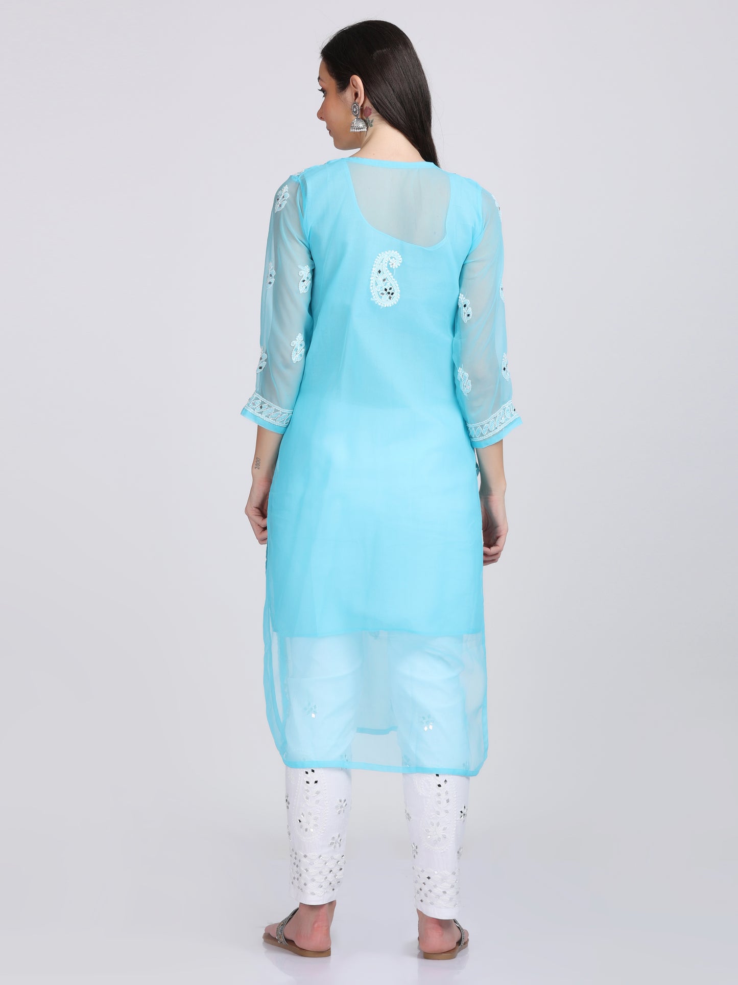 Mirror Work On Chikankari Chiffon Straight Kurta With Matching Inner