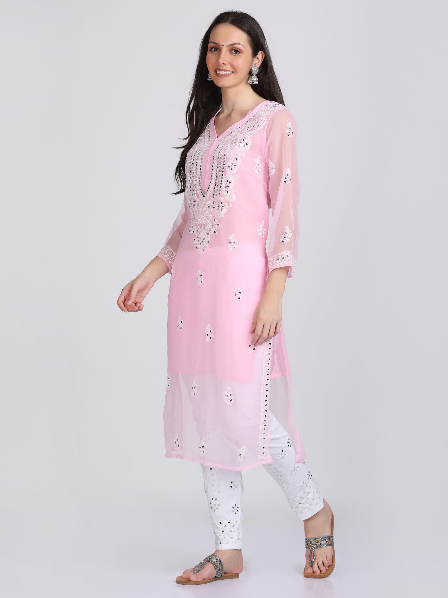 Mirror Work On Chikankari Chiffon Straight Kurta With Matching Inner