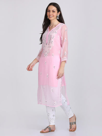 Mirror Work On Chikankari Chiffon Straight Kurta With Matching Inner