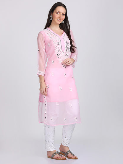 Mirror Work On Chikankari Chiffon Straight Kurta With Matching Inner