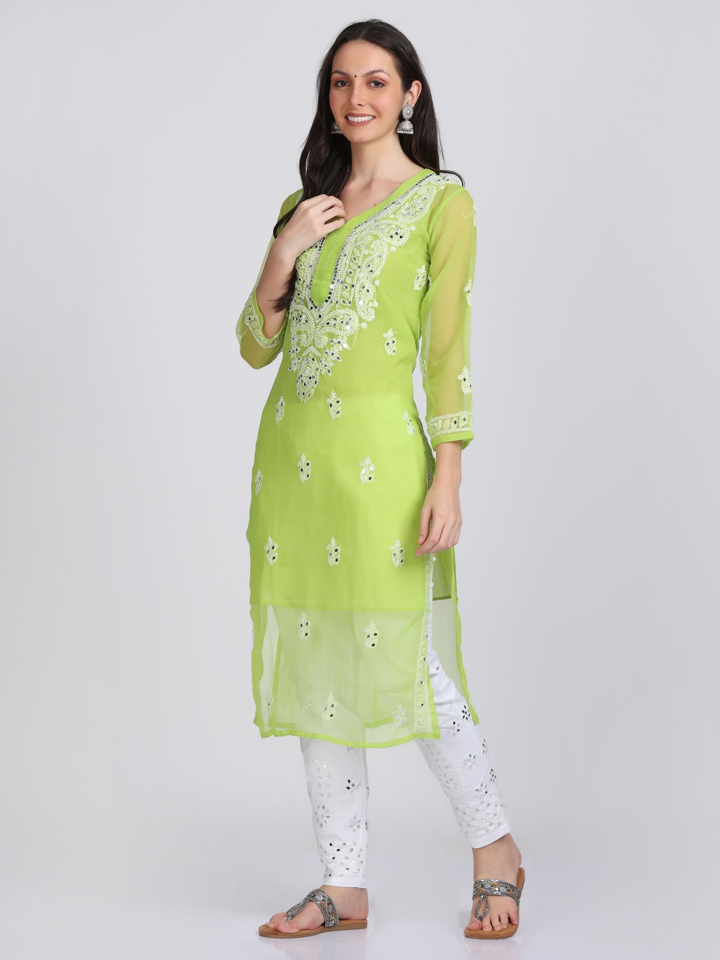 Mirror Work On Chikankari Chiffon Straight Kurta With Matching Inner