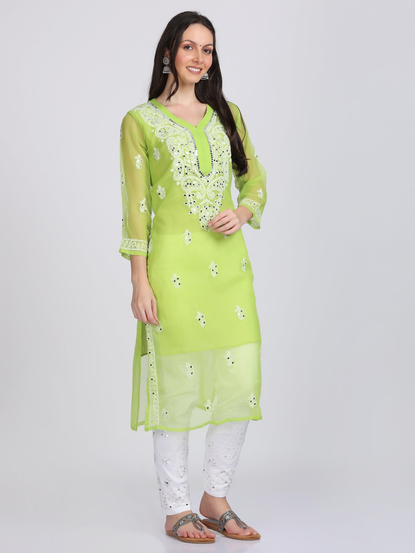 Mirror Work On Chikankari Chiffon Straight Kurta With Matching Inner