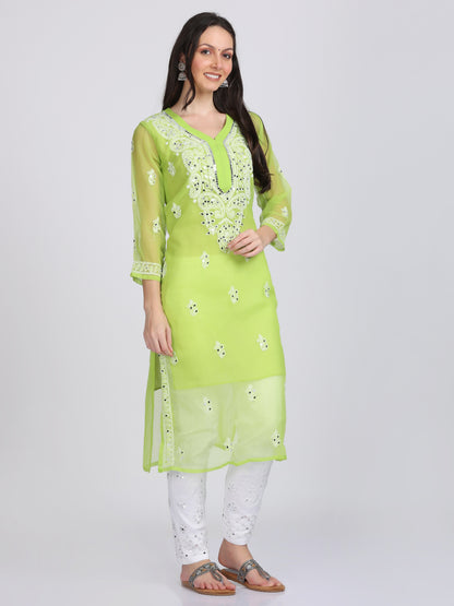 Mirror Work On Chikankari Chiffon Straight Kurta With Matching Inner