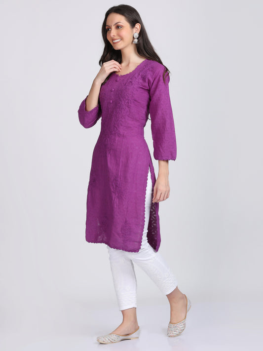 Cotton Chikankari Straight Kurta With Crochet Work Laced Around The Borders