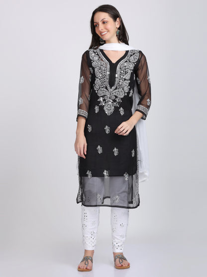 Mirror Work On Chikankari Chiffon Straight Kurta With Matching Inner