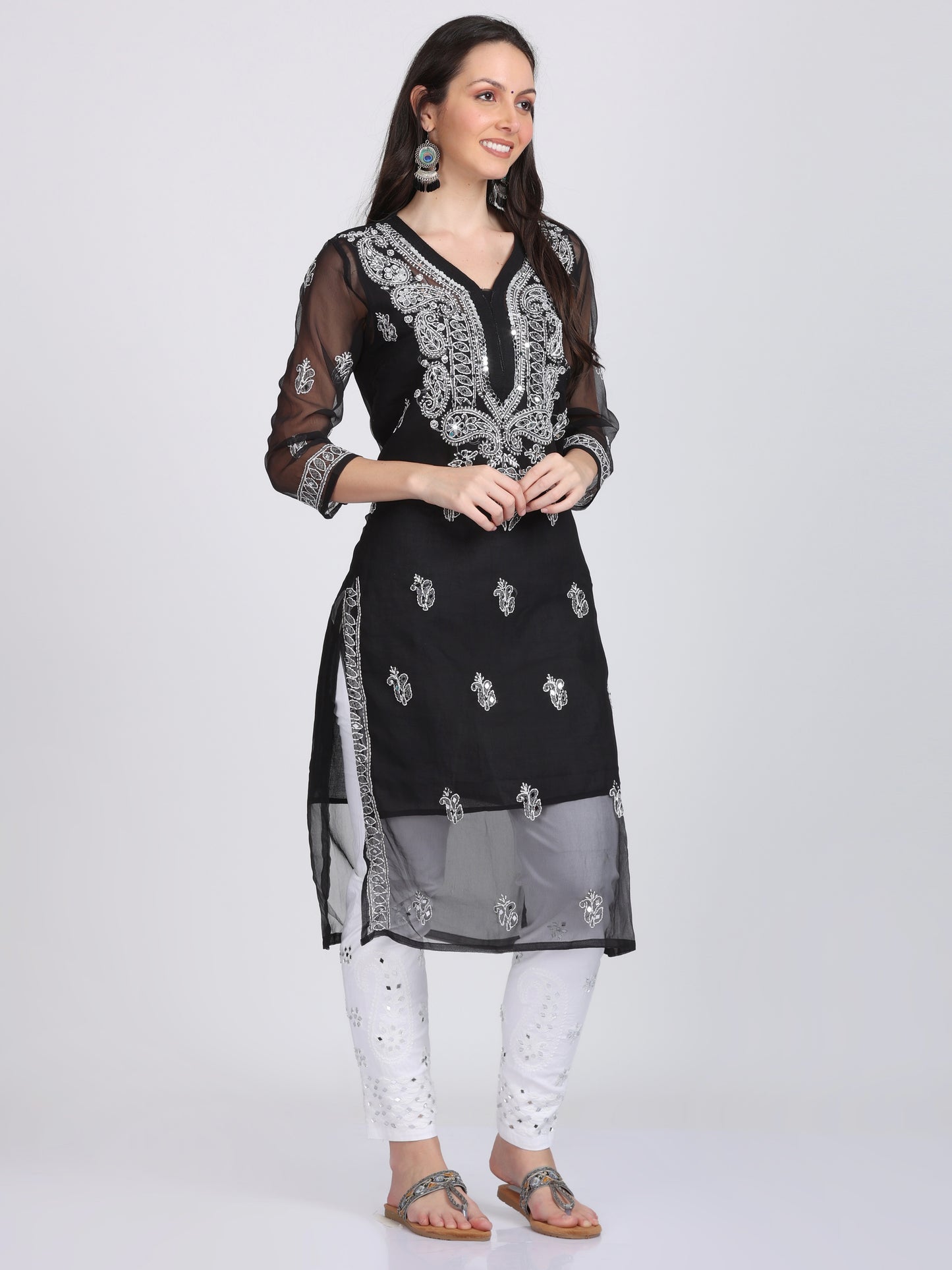 Mirror Work On Chikankari Chiffon Straight Kurta With Matching Inner