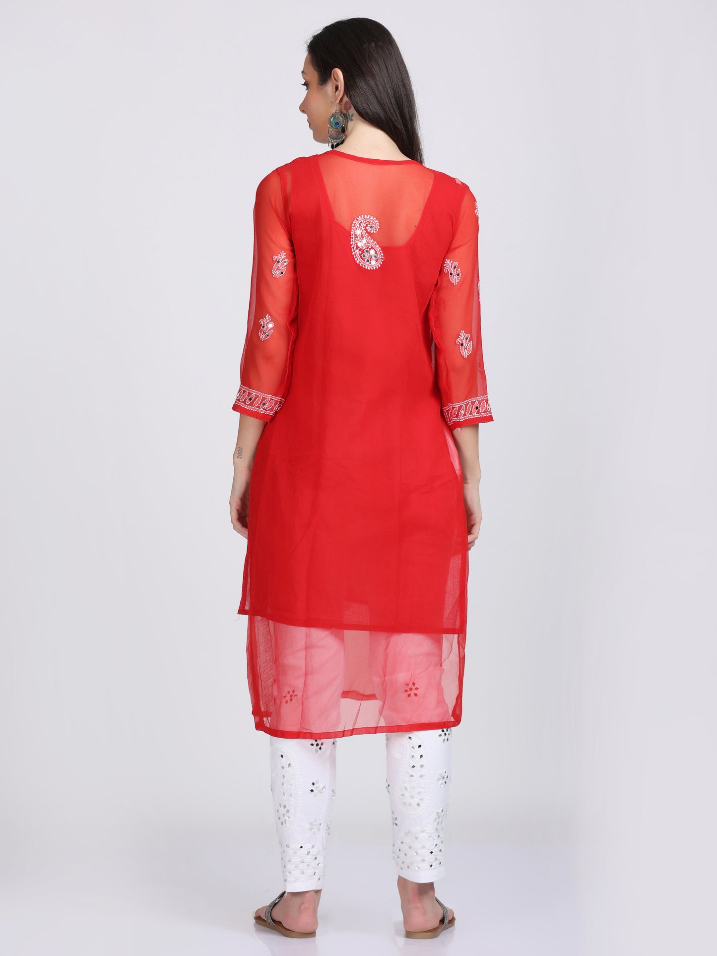 Mirror Work On Chikankari Chiffon Straight Kurta With Matching Inner