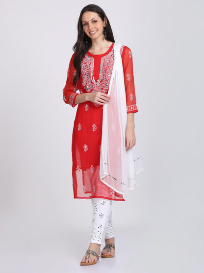 Mirror Work On Chikankari Chiffon Straight Kurta With Matching Inner