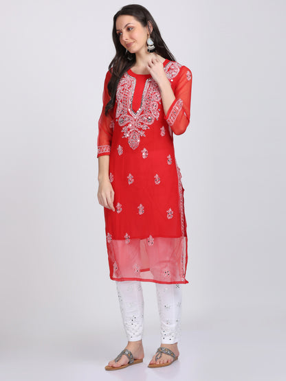 Mirror Work On Chikankari Chiffon Straight Kurta With Matching Inner