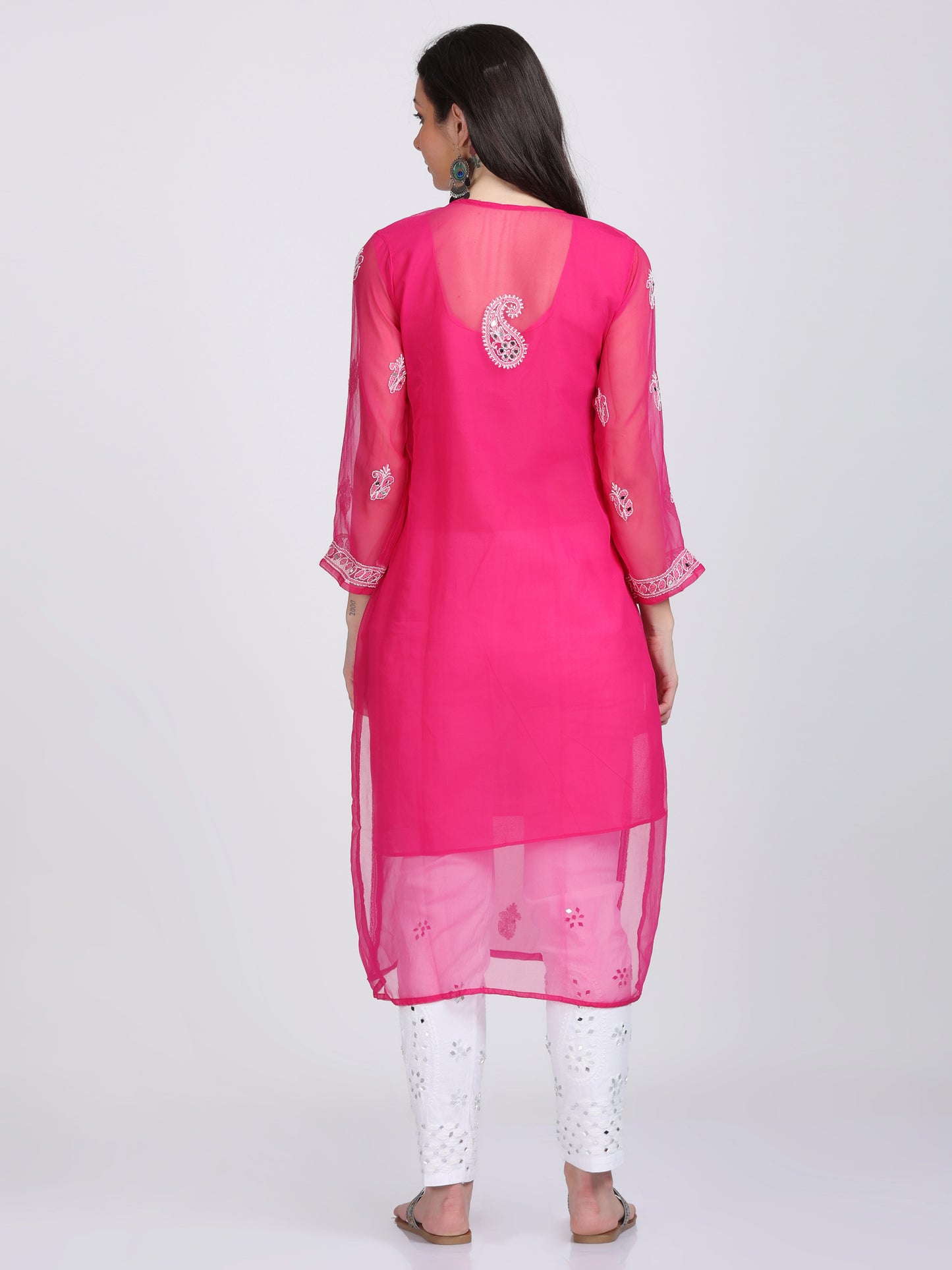 Mirror Work On Chikankari Chiffon Straight Kurta With Matching Inner