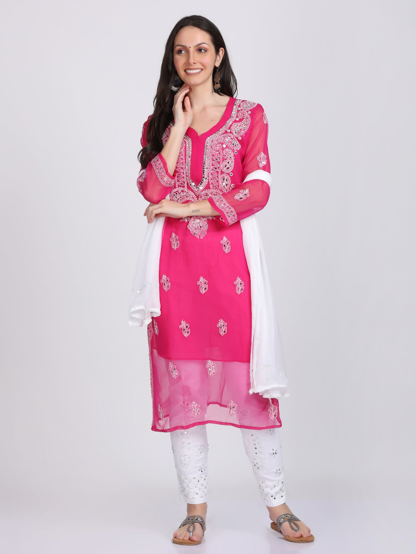 Mirror Work On Chikankari Chiffon Straight Kurta With Matching Inner