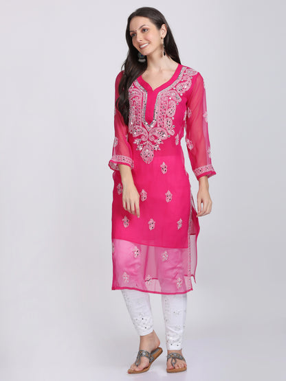 Mirror Work On Chikankari Chiffon Straight Kurta With Matching Inner