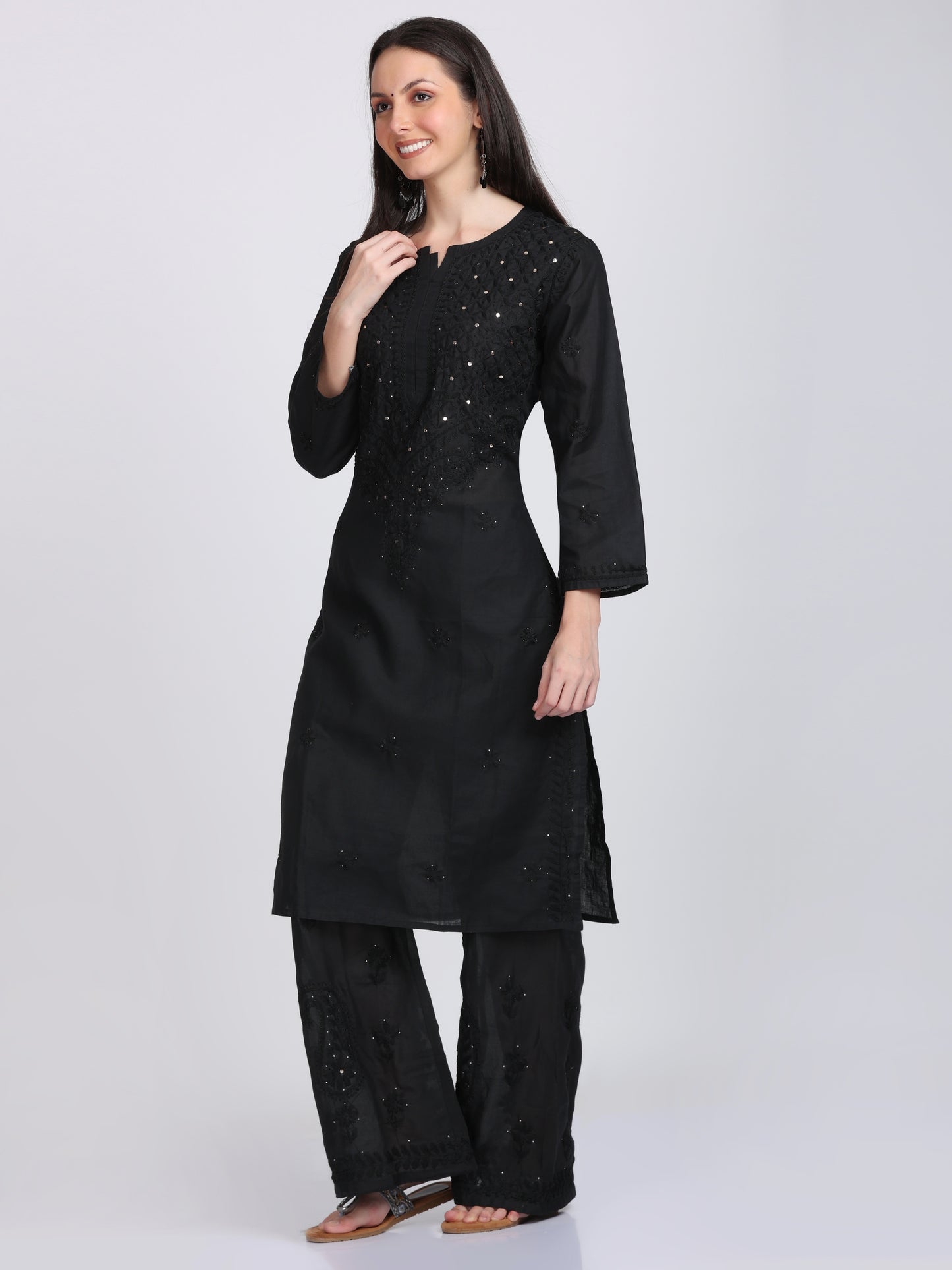 Mukaish Work On Chikankari Cotton Straight Kurta & Palazzo