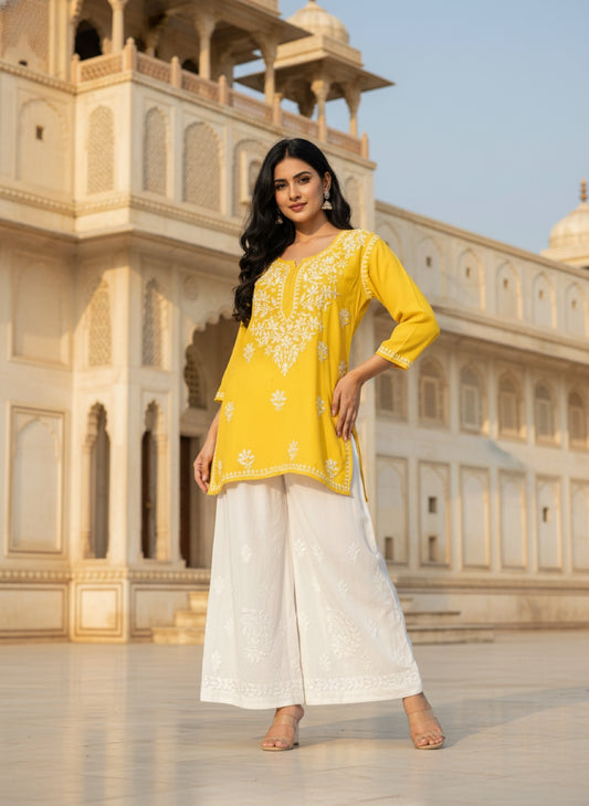 Chikankari Rayon Short White Thread kurti