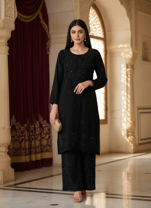 Premium Chikankari Handwork Rayon Kurta & Plazzo Set With Mukaish Work