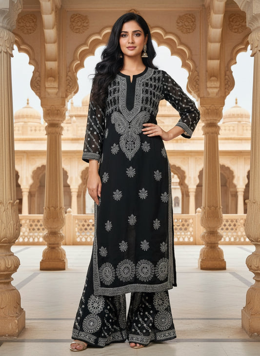 Chikankari kurta and plazzo set on georgette fabric with lining