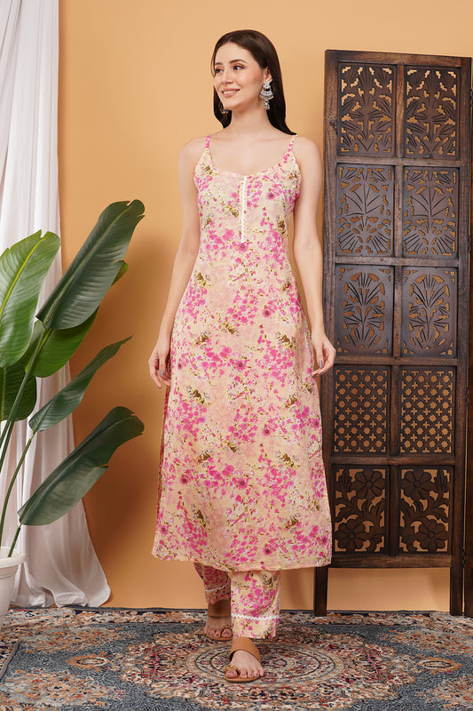 Women’s Mul-Mul Floral Printed Noodle Strap Kurta with Matching Straight Fit Palazzo Set – Elegant Ethnic Co-ord for Casual & Festive Wear