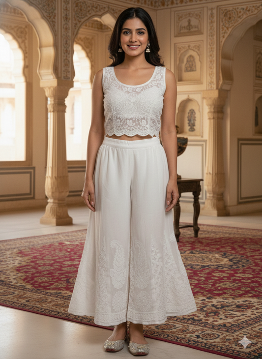Chikankari Flared Free Size Chiffon Sharara With Lining Attached Inside