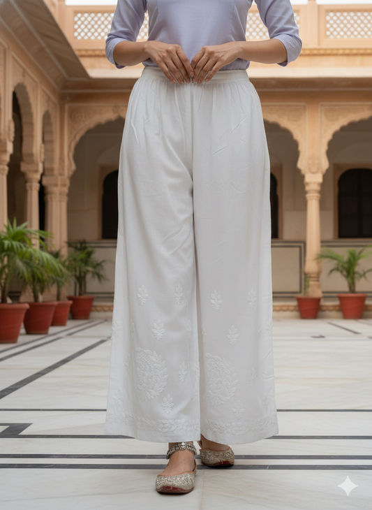 Chikankari Hand-Embroidered Rayon Flaired and Comfy Plazzo