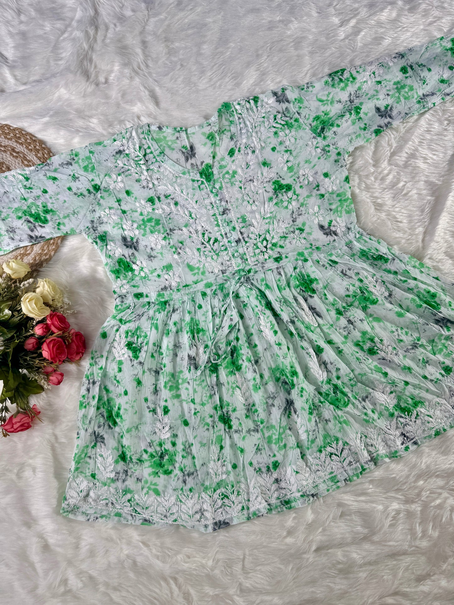 Elegant summer friendly mul-mul handcrafted chikankari short gown