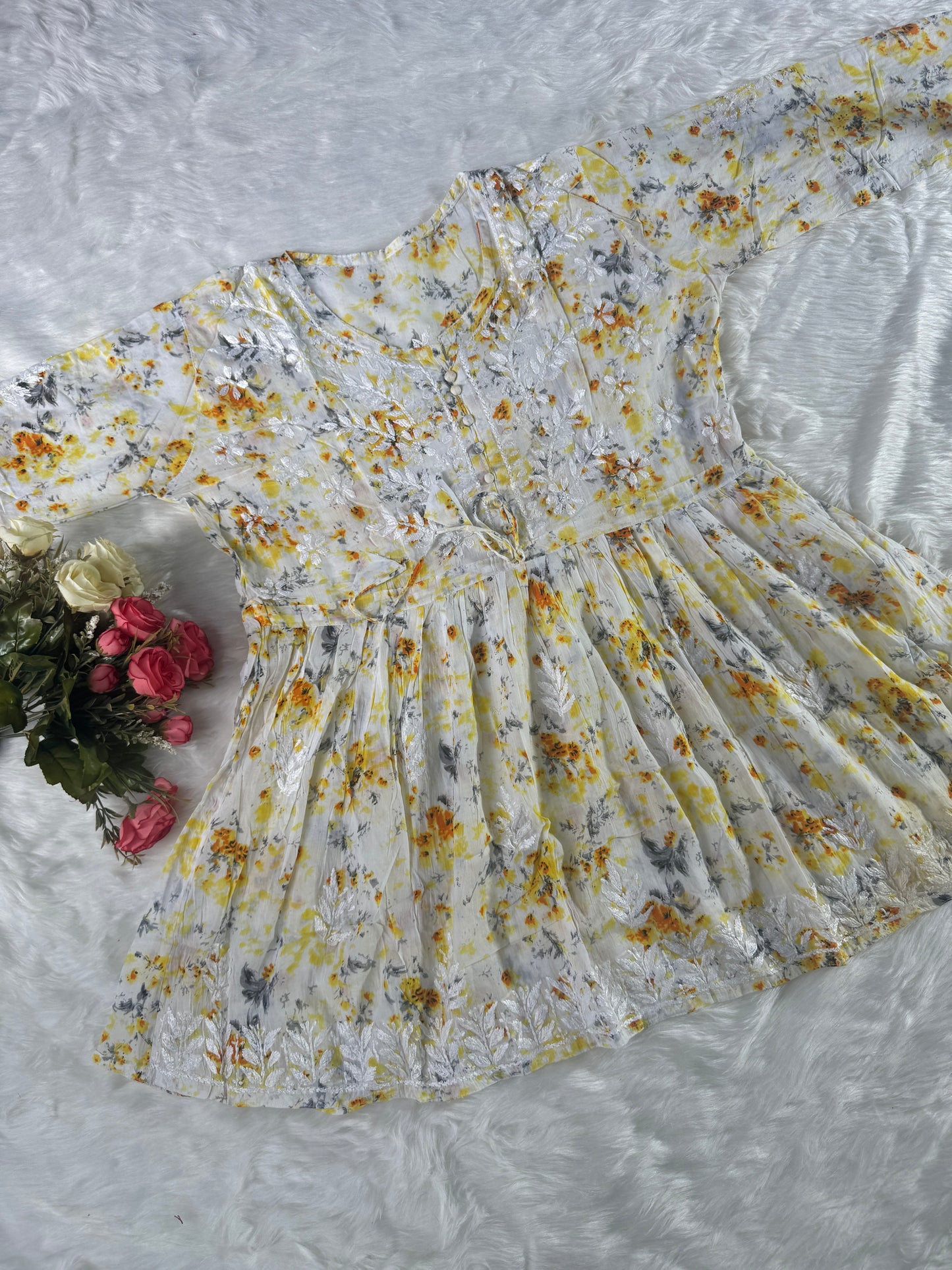 Elegant summer friendly mul-mul handcrafted chikankari short gown