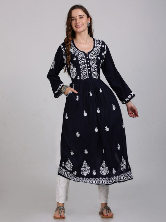 Chikankari Long Gown With Both Side Pockets