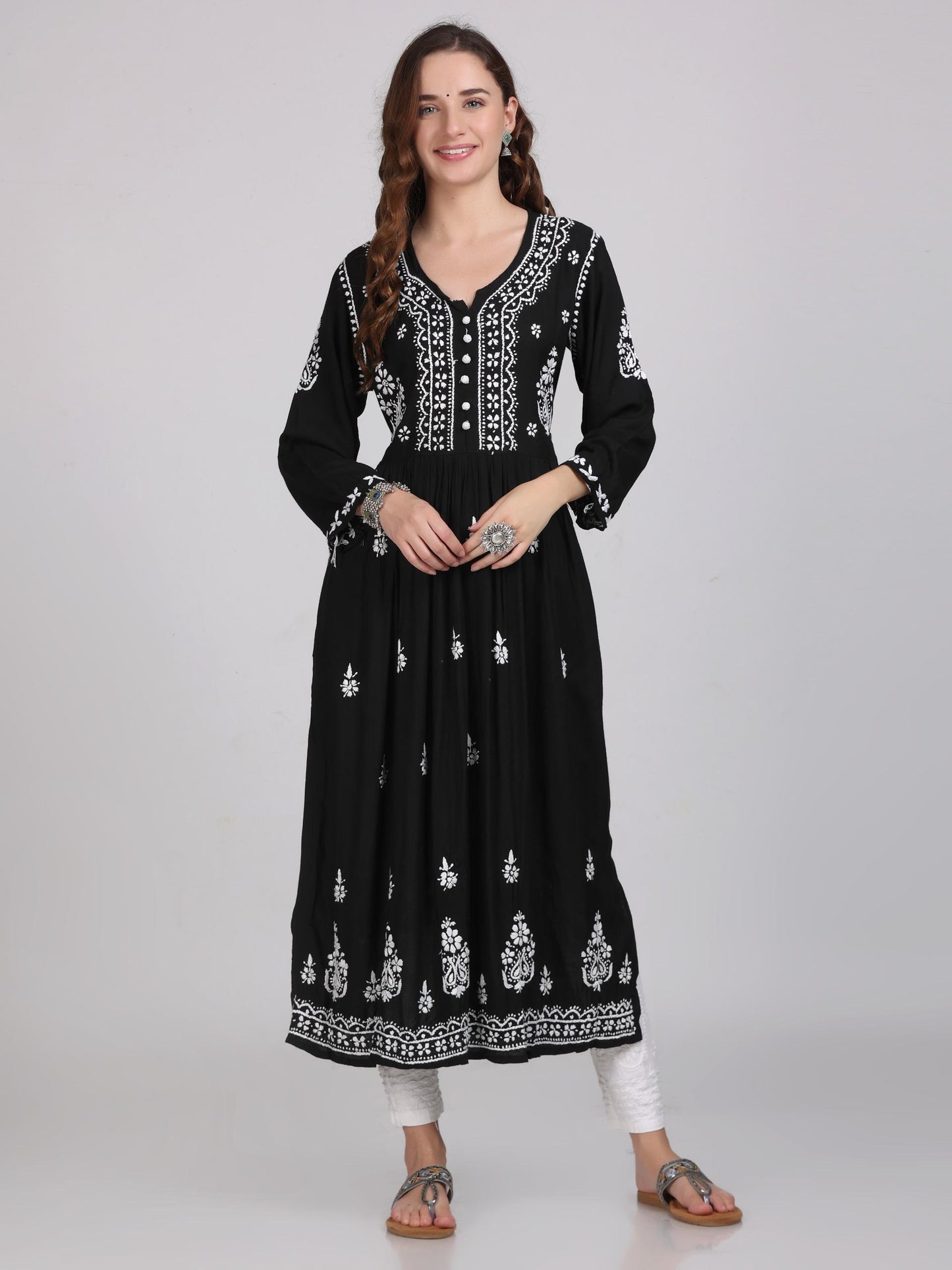 Chikankari Long Gown With Both Side Pockets