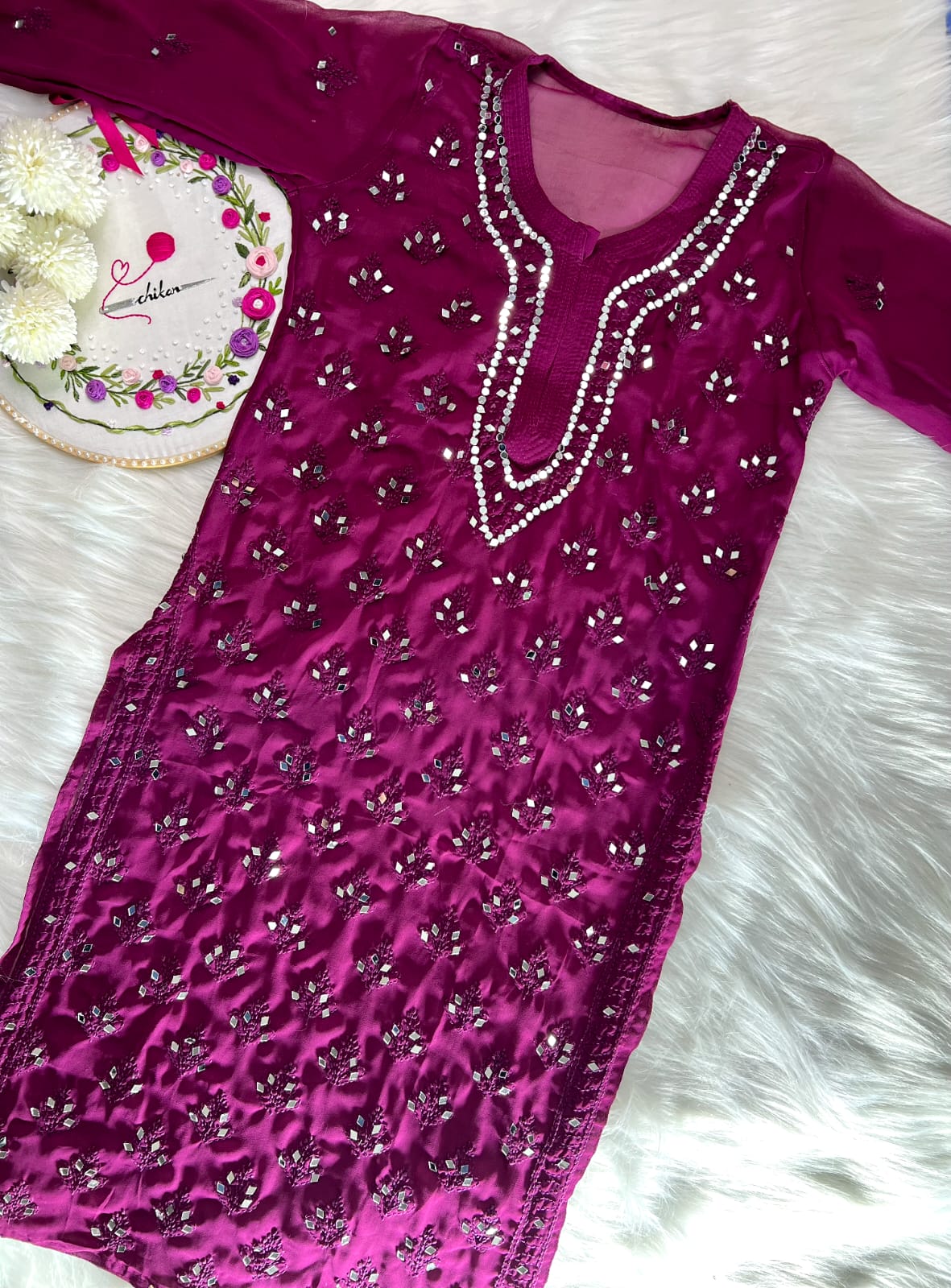 Chikankari Mirror Work 3pc Suit With Matching Inner Free