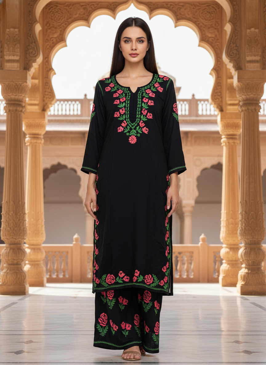 Gul Kashmiri Black Rayon Chikankari Kurta Set with Palazzo – Rose & Floral Handwork.