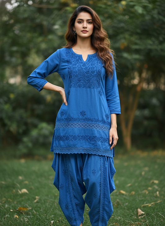 Nazakat Short Chikankari Pure Cotton Set with Dhoti.