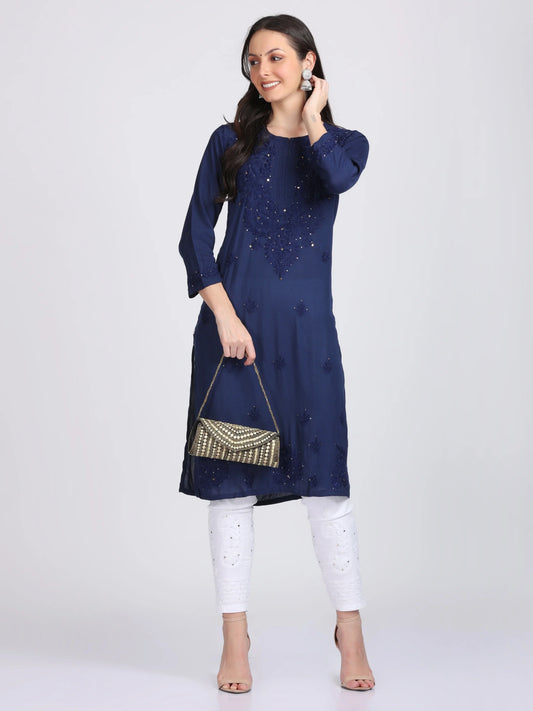 Elegant Mukaish Work Rayon Straight kurta With Mukaish Work Stretchable Trouser With Both Side Pocket